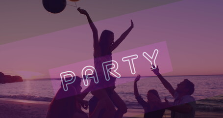 Image of neon party text in over smiling friends dancing at beach party - Powered by Adobe