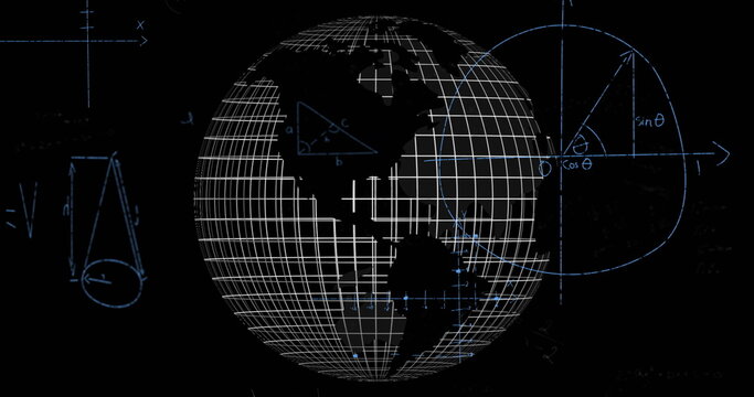 Image of mathematical data processing over globe on black background