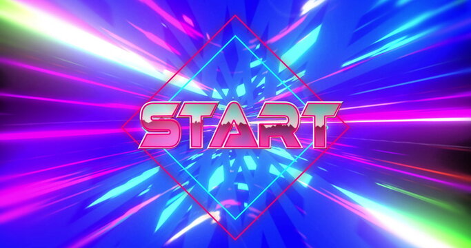 Image of start text over colourful lights on black background
