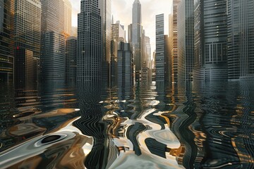 Rising Tides: Futuristic Metropolis Engulfed by Climate Chaos,Submerged Skyscrapers: A Haunting Vision of Climate Crisis 