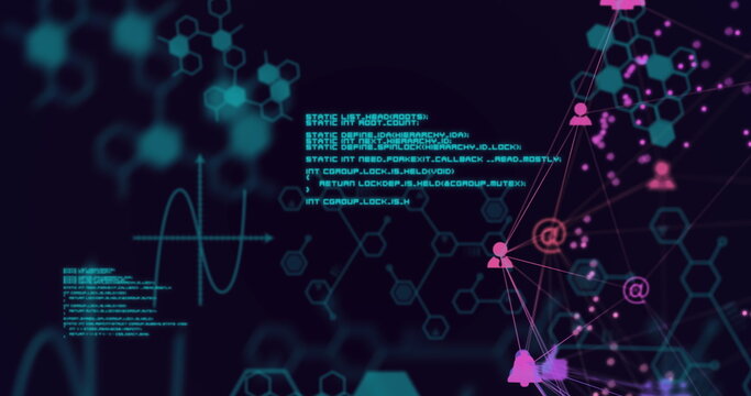 Image of network of connections with icons, chemical compounds and data processing