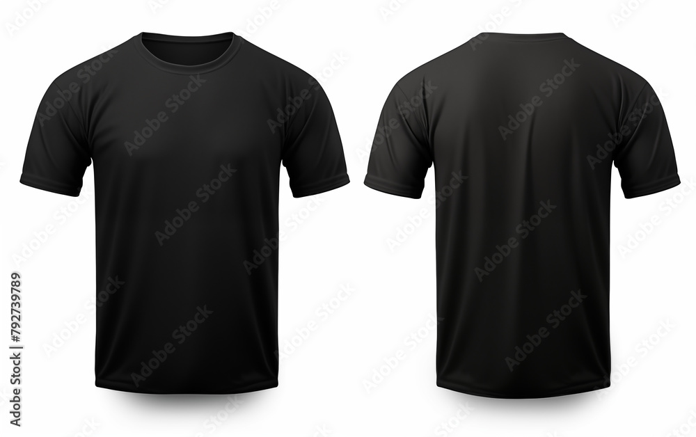 Wall mural Plain black crewneck T-shirt mockup Set of Black front and back view t-shirt isolated on white background