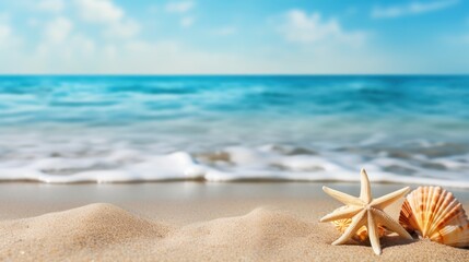 Beautiful beach with starfish and shells on white sand, blurred blue sea in the background. summer vacation concept. - obrazy, fototapety, plakaty