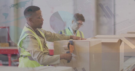 Image of financial data processing over diverse workers in warehouse