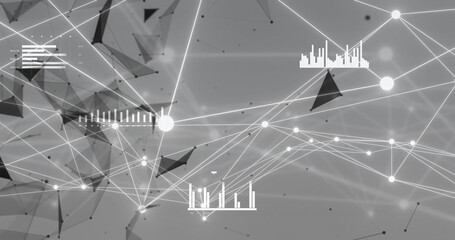 Image of network of connections over shapes and diagrams