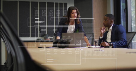 Image of data processing over diverse male and female business colleague in meeting