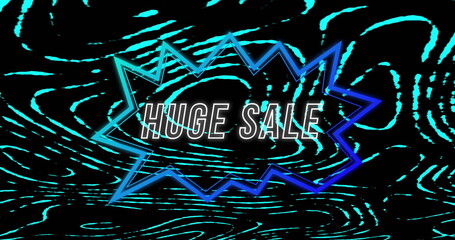 Image of huge sale text in angular shaped speech bubble over blue lights on black background