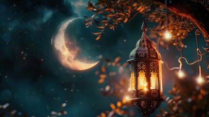 This is an image of a lantern hanging from a tree branch with a crescent moon in the background.

