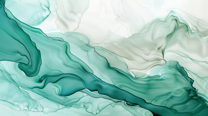 An alcohol ink art piece inspired by the gentle flow of a river, featuring soft shades of teal and creamy white