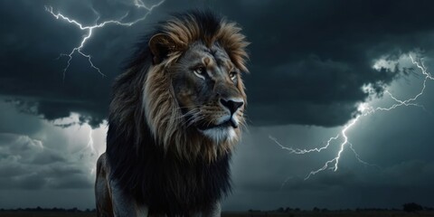 Lion on lightning sky background