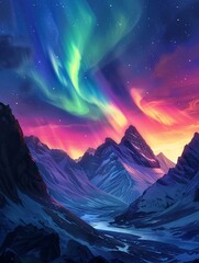 Northern Lights Magic A cartoonstyle illustration of the aurora borealis painting the night sky with vibrant colors above the mountains The magical display adds a sense of wonder to the scene  8K , hi - obrazy, fototapety, plakaty