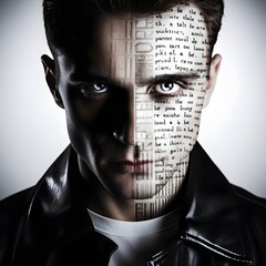 A man with an image on one side and words, in the style of light gray and black, movie still, relatable personality, wandering eye, halloween, leather/hide
