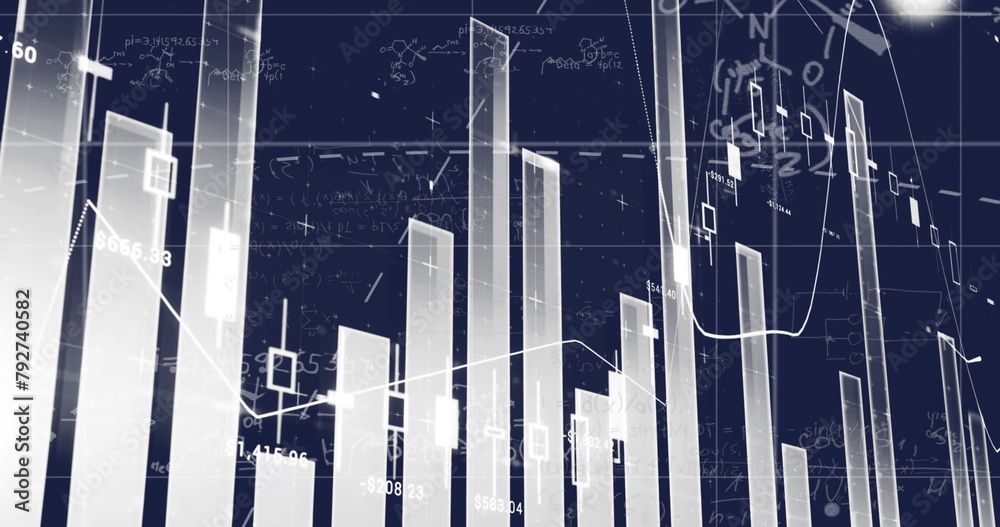 Wall mural image of financial data processing over mathematical equations on black background