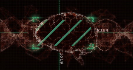 Image of scientific data processing, dna strand and human brain over dark background - obrazy, fototapety, plakaty