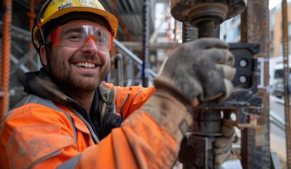 A smiling construction worker in hi-vis gear and hard hat operates equipment on site