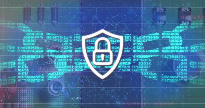 Image of digital shield with padlock and block chains on blue background