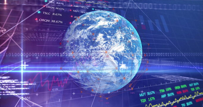Naklejki Image of financial data processing and binary coding over globe