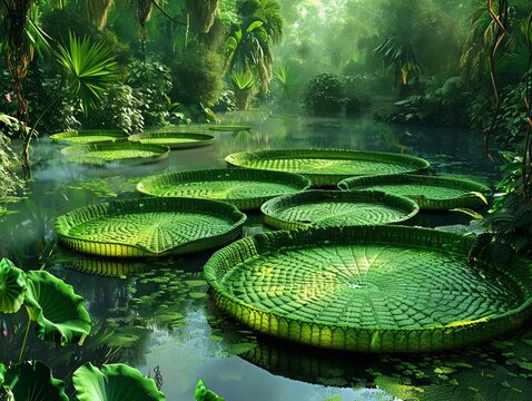 Describe the lush greenery of the Victoria amazonica Giant Water Lily in its natural habitat