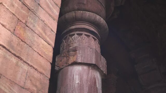 Pan shot of carvings on a pillar of an ancient hindu temples at Bhojeshwar temple in Bhopal of Madhya Pradesh India