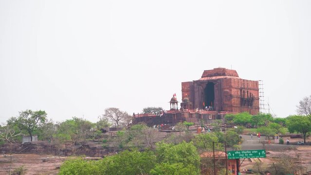 Pan shot of an Ancient hindu temple building of Bhojeshwar on hill top in Bhopal of Madhya Pradesh India