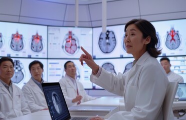 An instructor discusses medical images with a group of focused healthcare professionals