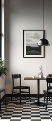 Sleek and Stylish An artistic rendering of a stylish blackandwhite room with a checkered floor, rectangular table, wooden chairs, and a picture frame hanging on the monochrome walls The room is design