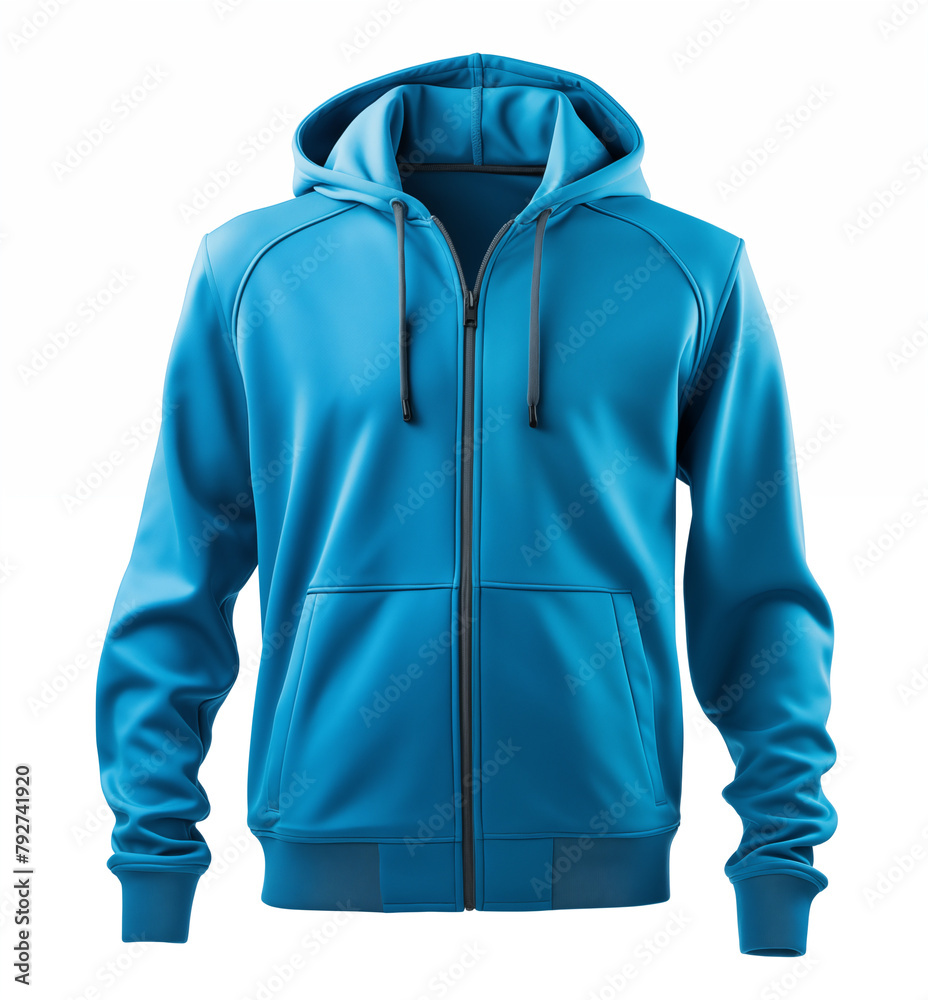 Poster blue hoodie sweatshirt with a hood and long sleeves front view white background