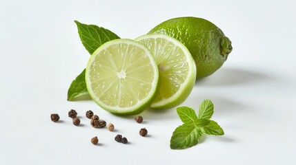 There is a picture of a lime, two lime slices, lemon balm leaves, and pepper placed on a white