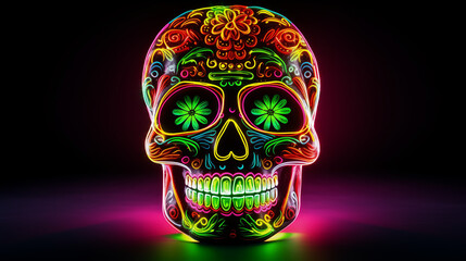 A neon lit skull adorned with vibrant flowers in the colors of the Mexican flag. Cinco de Mayo mood.