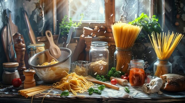 The image shows a collection of items including dried spaghetti, cooked pasta in a colander, a jar