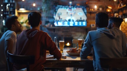 Back view of men and friends sitting at table with beer and snacks watching online basketball game on TV at home.