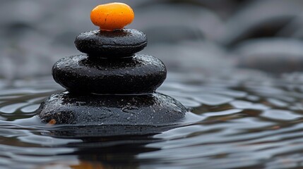 A stack of stones with an orange on top in the water, AI