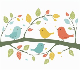Joyful Birds Chatter on a Branch with Autumn Leaves Drifting - Generative AI