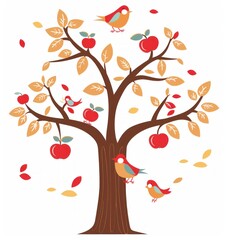 Cheerful Birds Gather on Apple Tree Branches - Generative AI - 792743152
