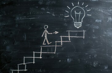 Climbing the Ladder to Success: Stick Figure and Light Bulb Idea - Generative AI - 792743153