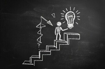 Climbing the Ladder to Success: Stick Figure and Light Bulb Idea - Generative AI - 792743181
