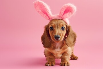 Charming Dachshund Puppy in Bunny Ears Celebrating Easter - Generative AI