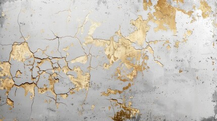 Contrasts in Decay: Gold Leaf on Cracked Concrete Wall - Generative AI - 792744121