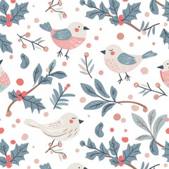 Winter Whimsy: Birds & Holly in Festive Seamless Pattern - Generative AI - 792744135