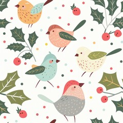 Winter Whimsy: Birds & Holly in Festive Seamless Pattern - Generative AI - 792744143
