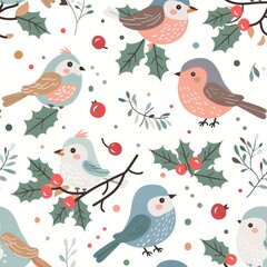 Winter Whimsy: Birds & Holly in Festive Seamless Pattern - Generative AI - 792744146