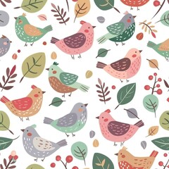 Winter Whimsy: Birds & Holly in Festive Seamless Pattern - Generative AI - 792744153