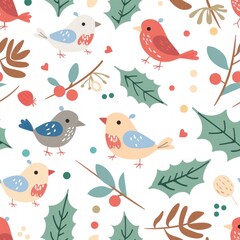 Winter Whimsy: Birds & Holly in Festive Seamless Pattern - Generative AI - 792744158