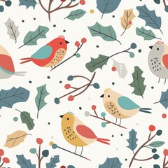 Winter Whimsy: Birds & Holly in Festive Seamless Pattern - Generative AI - 792744159