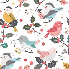Winter Whimsy: Birds & Holly in Festive Seamless Pattern - Generative AI - 792744172