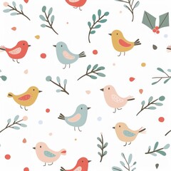 Winter Whimsy: Birds & Holly in Festive Seamless Pattern - Generative AI - 792744187