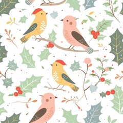Winter Whimsy: Birds & Holly in Festive Seamless Pattern - Generative AI - 792744192