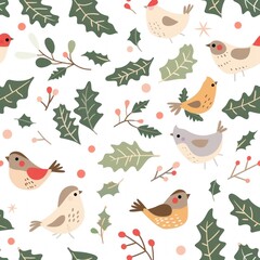 Winter Whimsy: Birds & Holly in Festive Seamless Pattern - Generative AI - 792744197