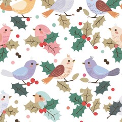 Winter Whimsy: Birds & Holly in Festive Seamless Pattern - Generative AI - 792744198