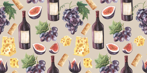 Watercolor bottles and glasses of red wine decorated with cheese, blue grapes, figs, black olives, star anise and cork. Hand painted seamless pattern